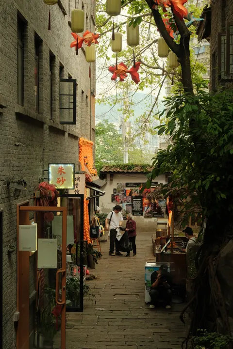 A narrow hillside lane winds between plants and old Chongqing buildings.