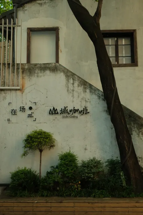 A white historic wall and shaded tree border a stone walkway.