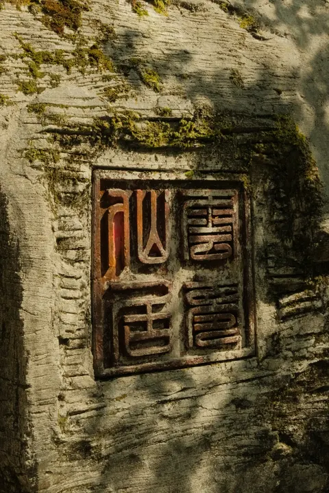 A carved wooden panel is set into a weathered stone wall.