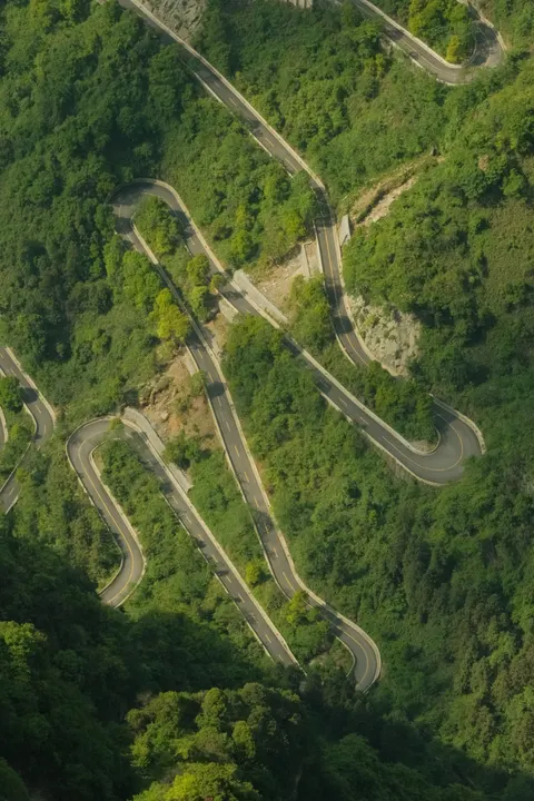A narrow road snakes down a steep wooded mountainside.