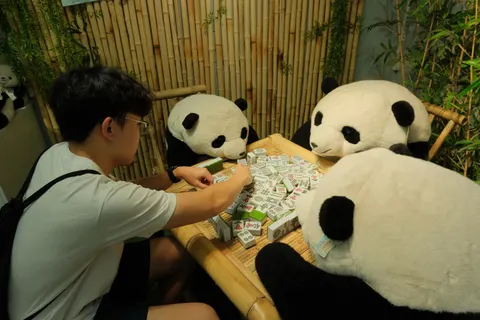 A visitor feeds two large panda figures at a playful display.