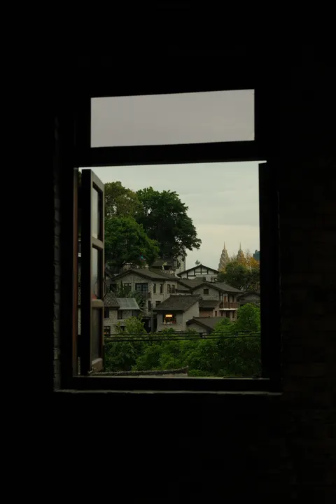 A dark interior window frames a distant green Chongqing garden.