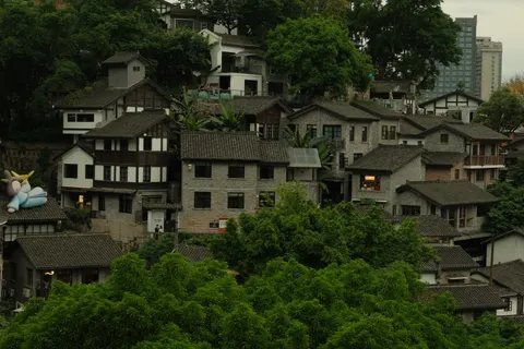 Layered hillside houses rise among trees in Chongqing.